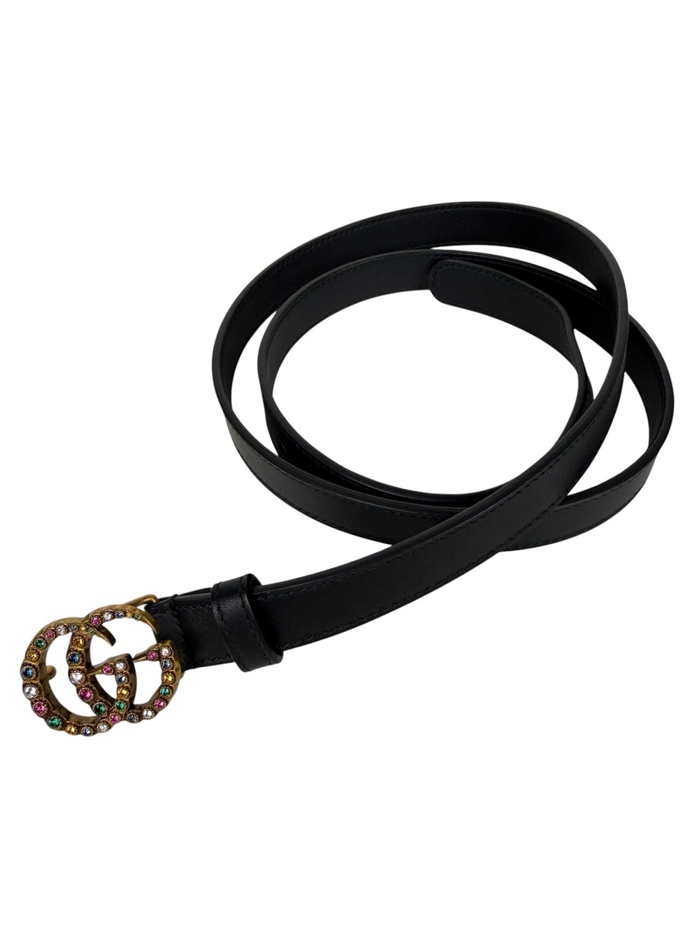 Gucci Marmont Crystal Gem Embellished Black Leather Belt